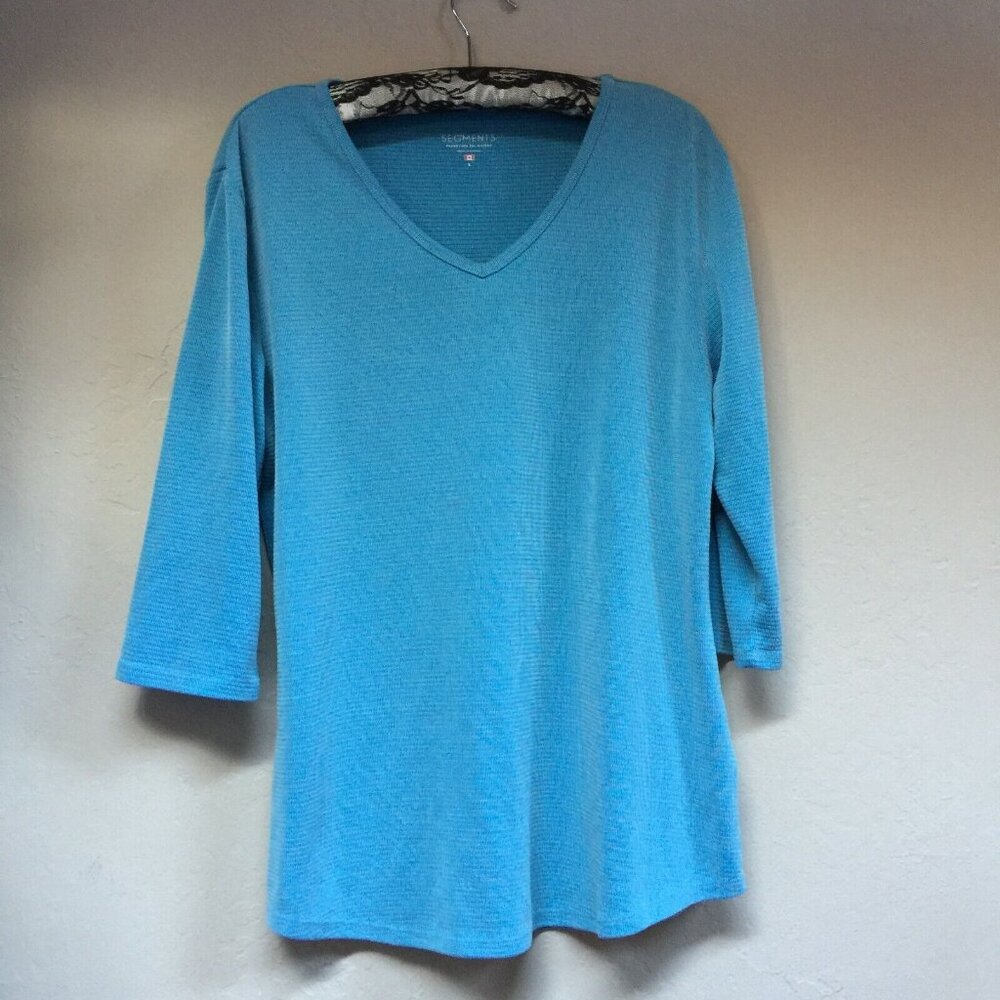 Segments Essentials Womens Casual V-Neck 3/4 Sleeve Shirt Top Large Blue